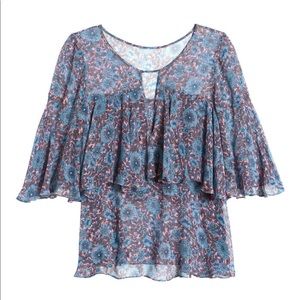 Rebecca Taylor Lindsay Ruffled Keyhole Floral Silk Fluttery Blouse Top
